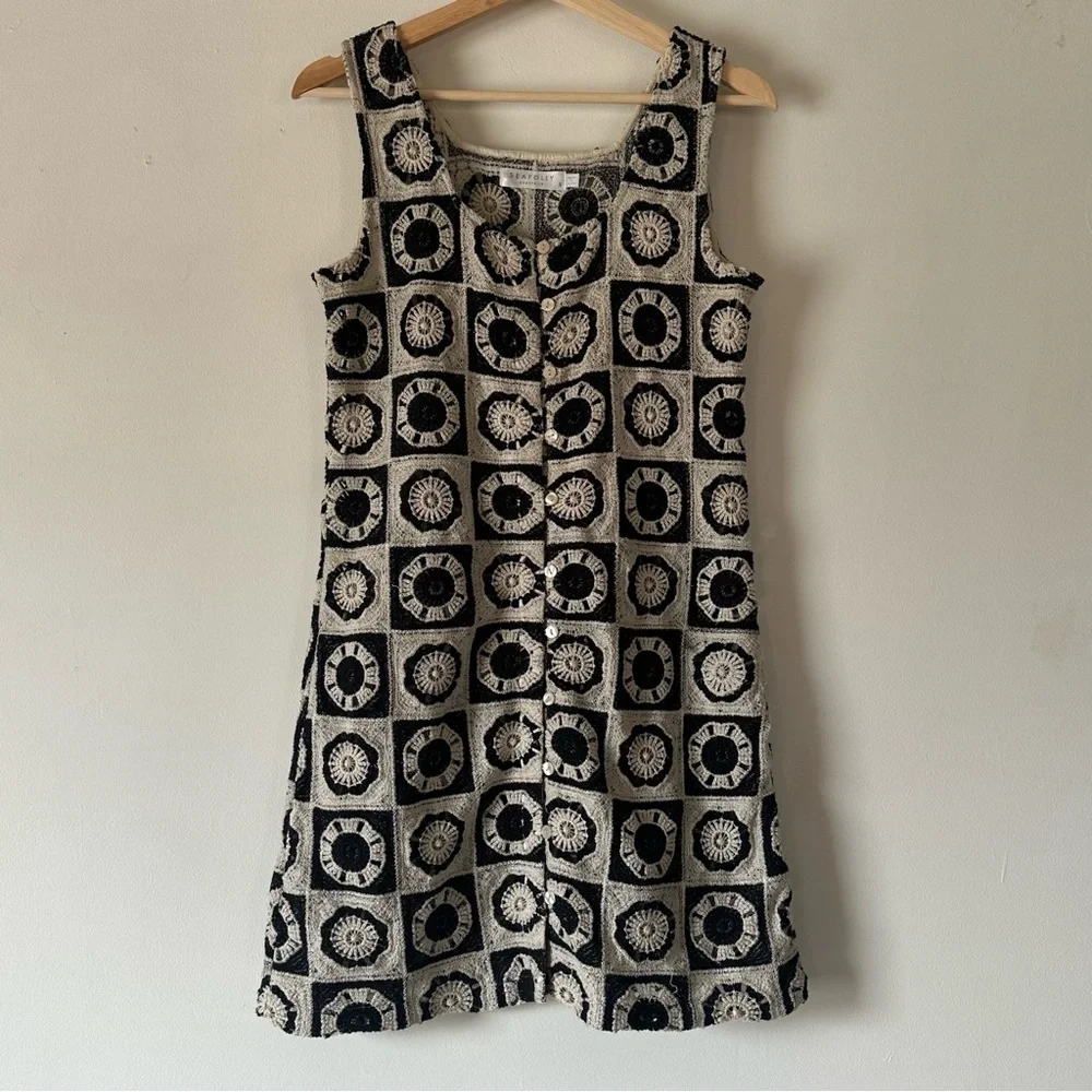 Anthropologie Seafolly Crochet Hipster Coverup Beach Mini Dress Black and Cream - Picture 4 of 11